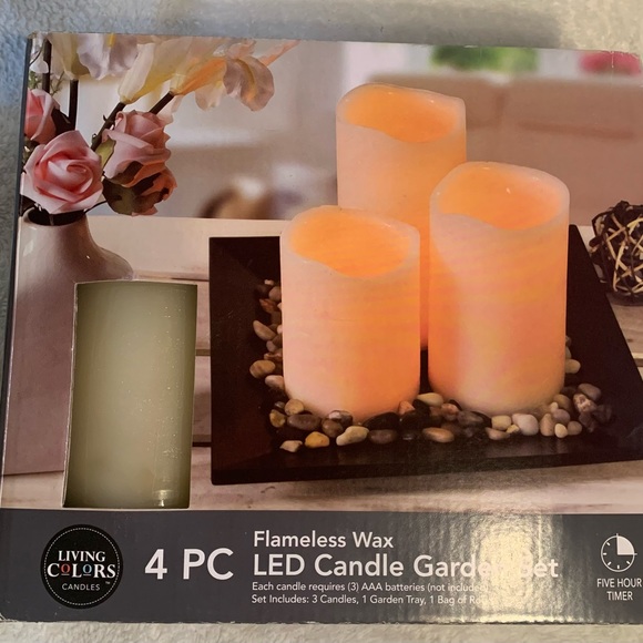 Flameless LED Candle Set. includes 3 candles, garden tray, bag of rocks. - Picture 3 of 7